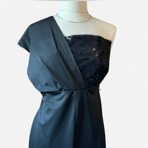 Black One-Shoulder Sequin Bodice Evening Jumpsuit